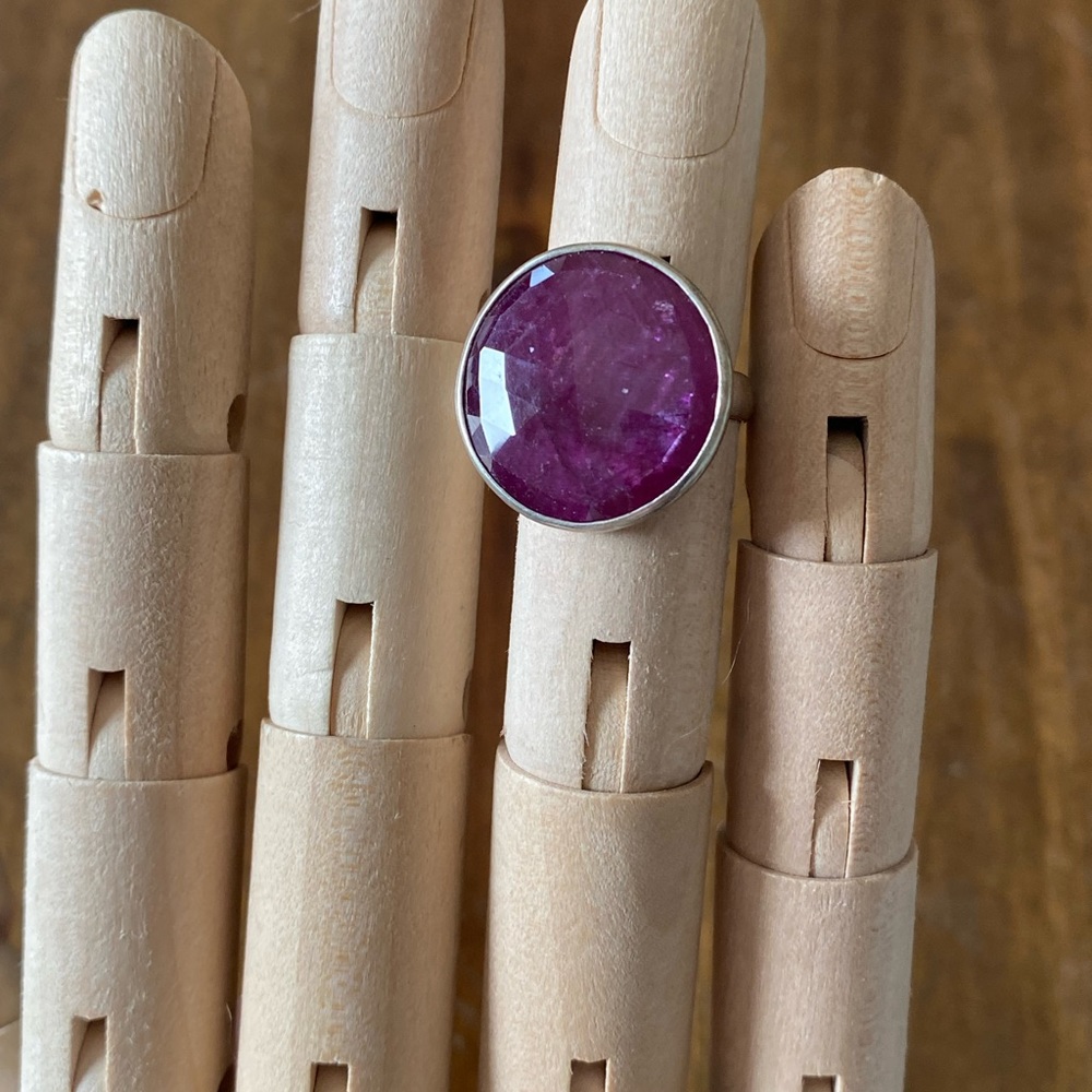 Faceted Round Ruby Sterling Silver Ring - image 2
